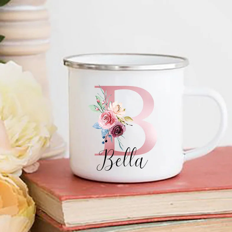 Personalized Floral Initial Enamel Mug – Custom Name Gift