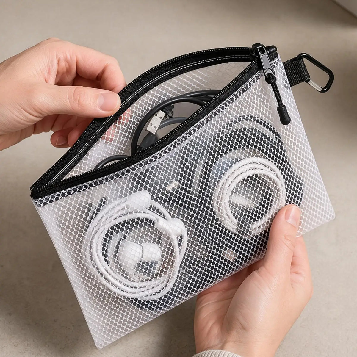 Transparent Mesh Storage Bag with Carabiner | XS–L Sizes