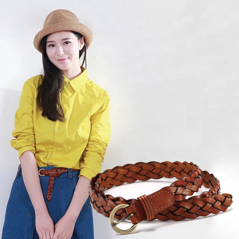 Women's Braided Faux Leather Belt – Gold Round Buckle