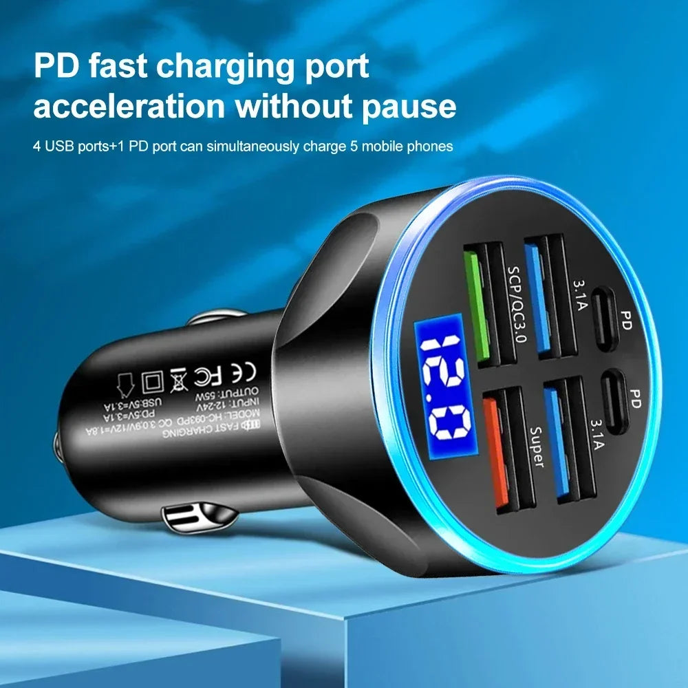 27W 6-in-1 Car Charger LED Display | 4 USB + 2 USB-C PD