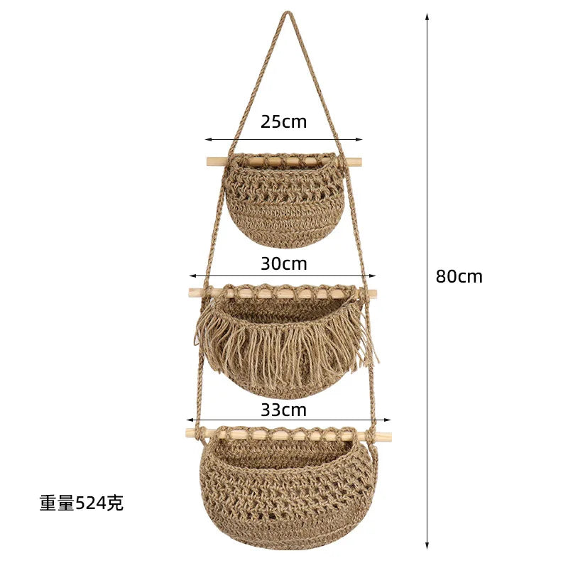 3-Tier Bohemian Hemp Rope Wall Hanging Fruit Mesh Basket