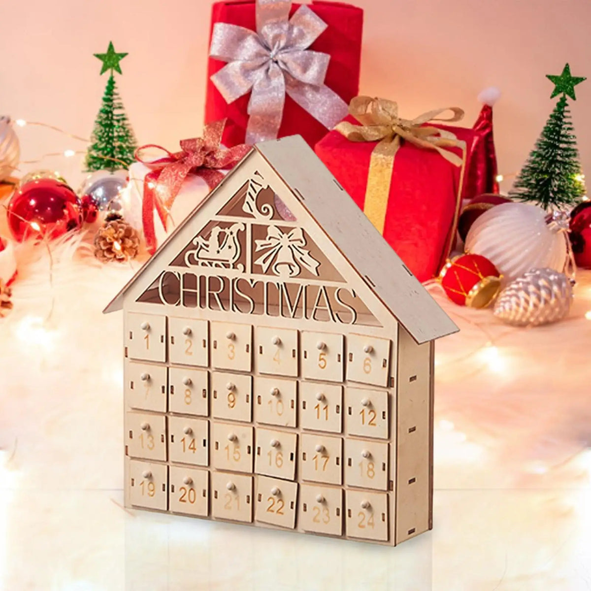 Wooden Christmas Advent Calendar with 24 Drawers – Tree Design