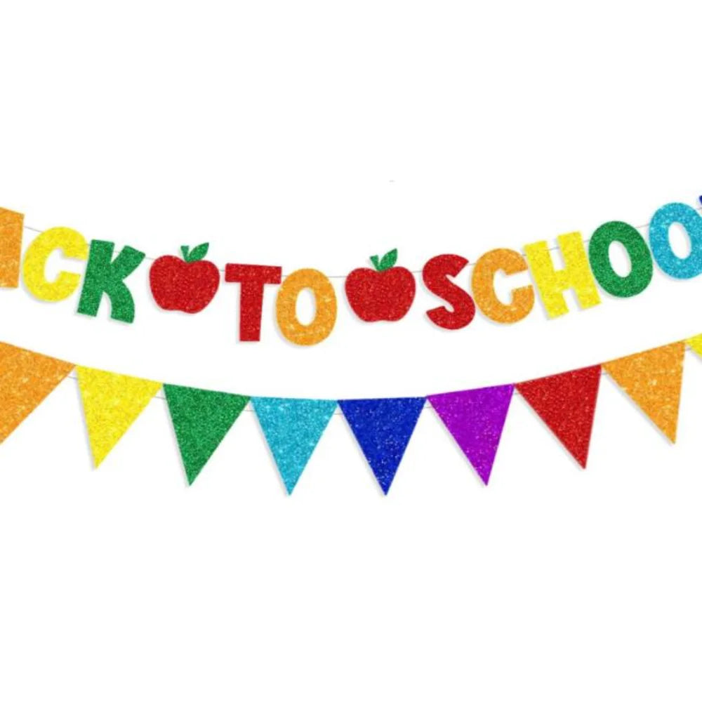 2-Pack Glitter Back to School Banner & Triangle Bunting Set