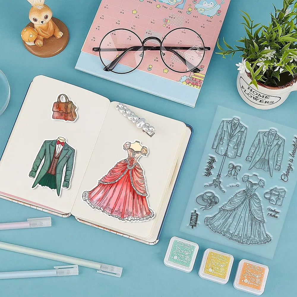Vintage Clothing Clear Stamps & Cutting Dies Set for DIY Cards