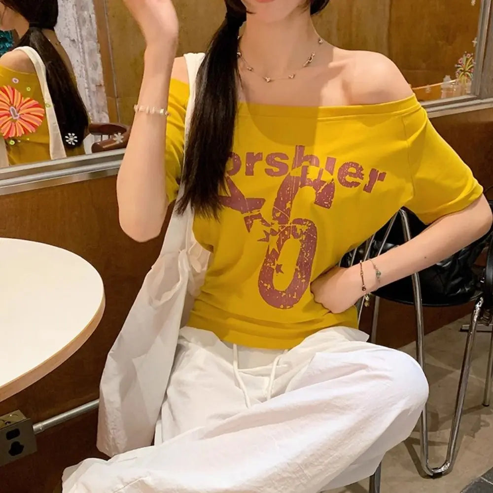 Y2K Off Shoulder Crop Top – Short Sleeve Letter Print Tee