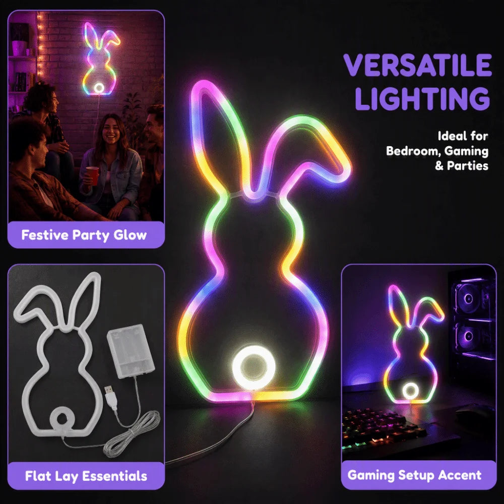 LED Bunny Neon Sign – USB Battery Powered Wall Night Light