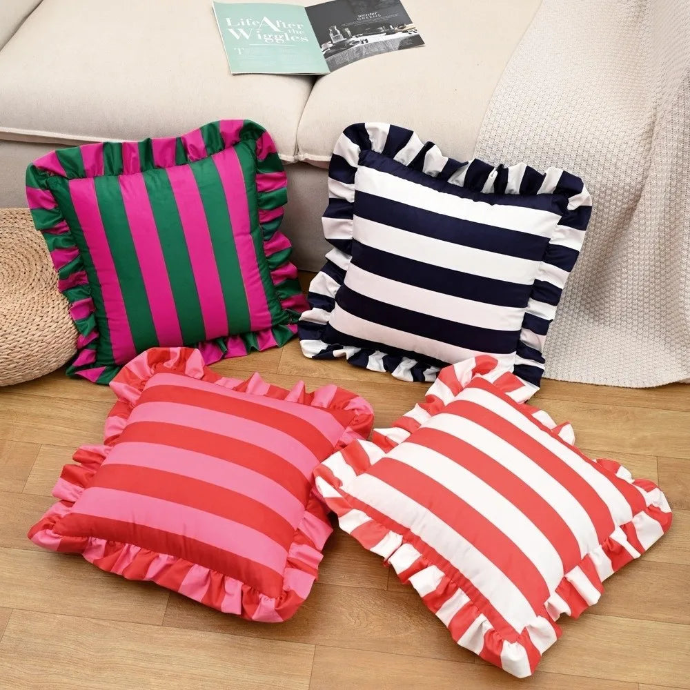 Striped Velvet Pillowcase Lotus Leaf Edge Soft Cushion Cover