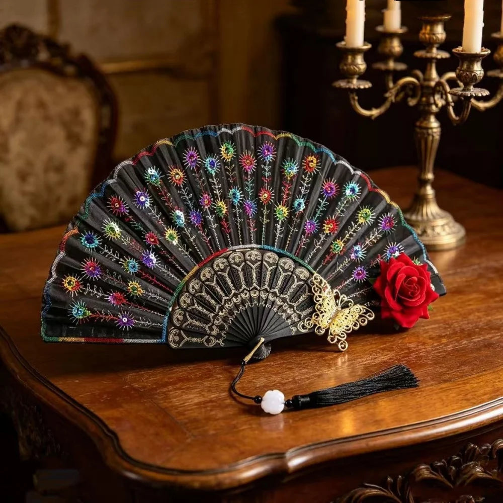 Sequin Embroidered Rose Folding Fan with Tassel – Vintage Style
