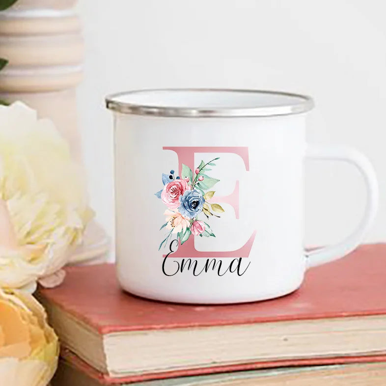 Personalized Floral Initial Enamel Mug – Custom Name Gift