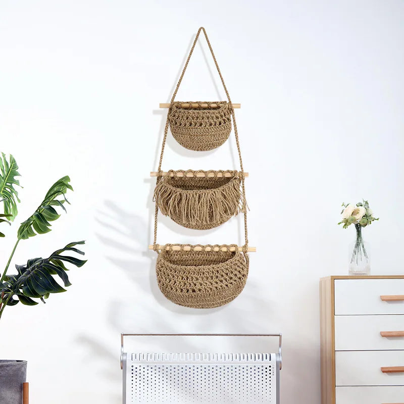 3-Tier Bohemian Hemp Rope Wall Hanging Fruit Mesh Basket