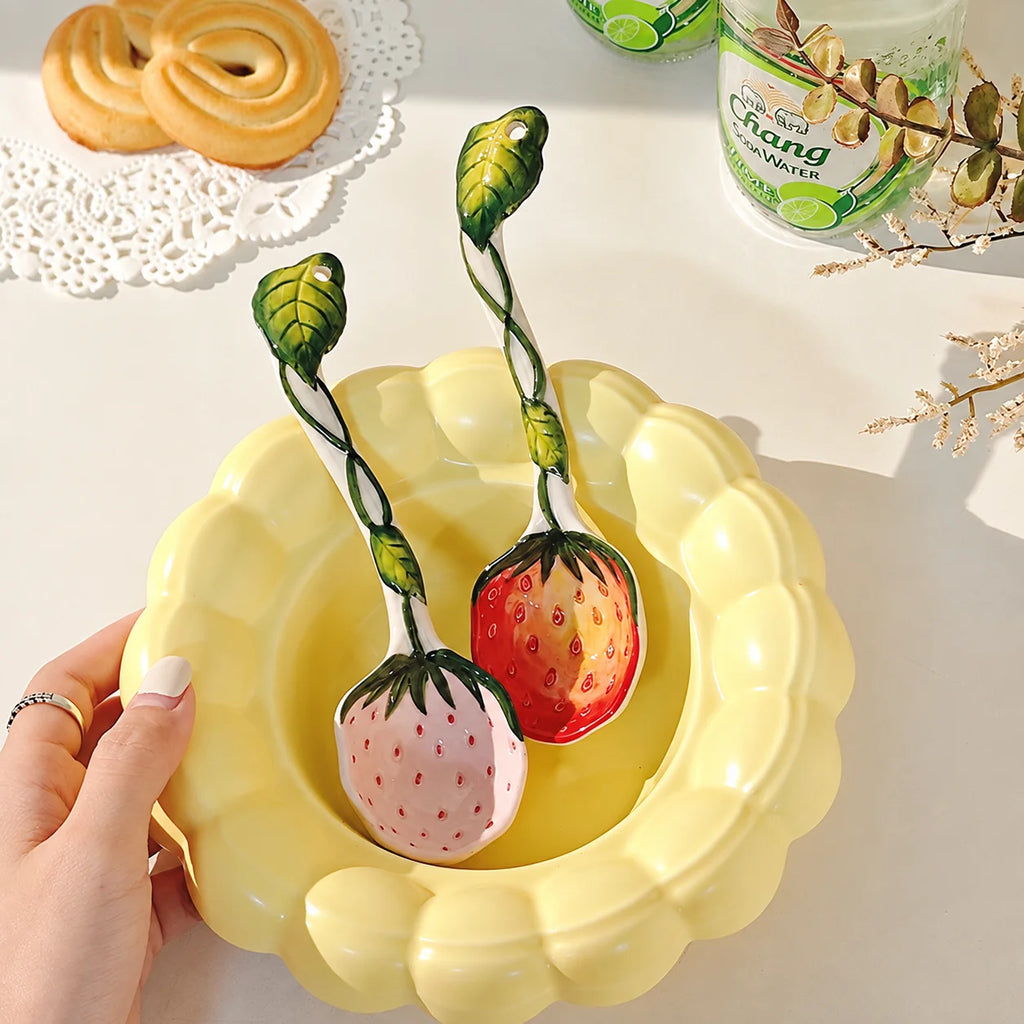 Hand-Painted Ceramic Strawberry Spoon – Long Handle Kitchen