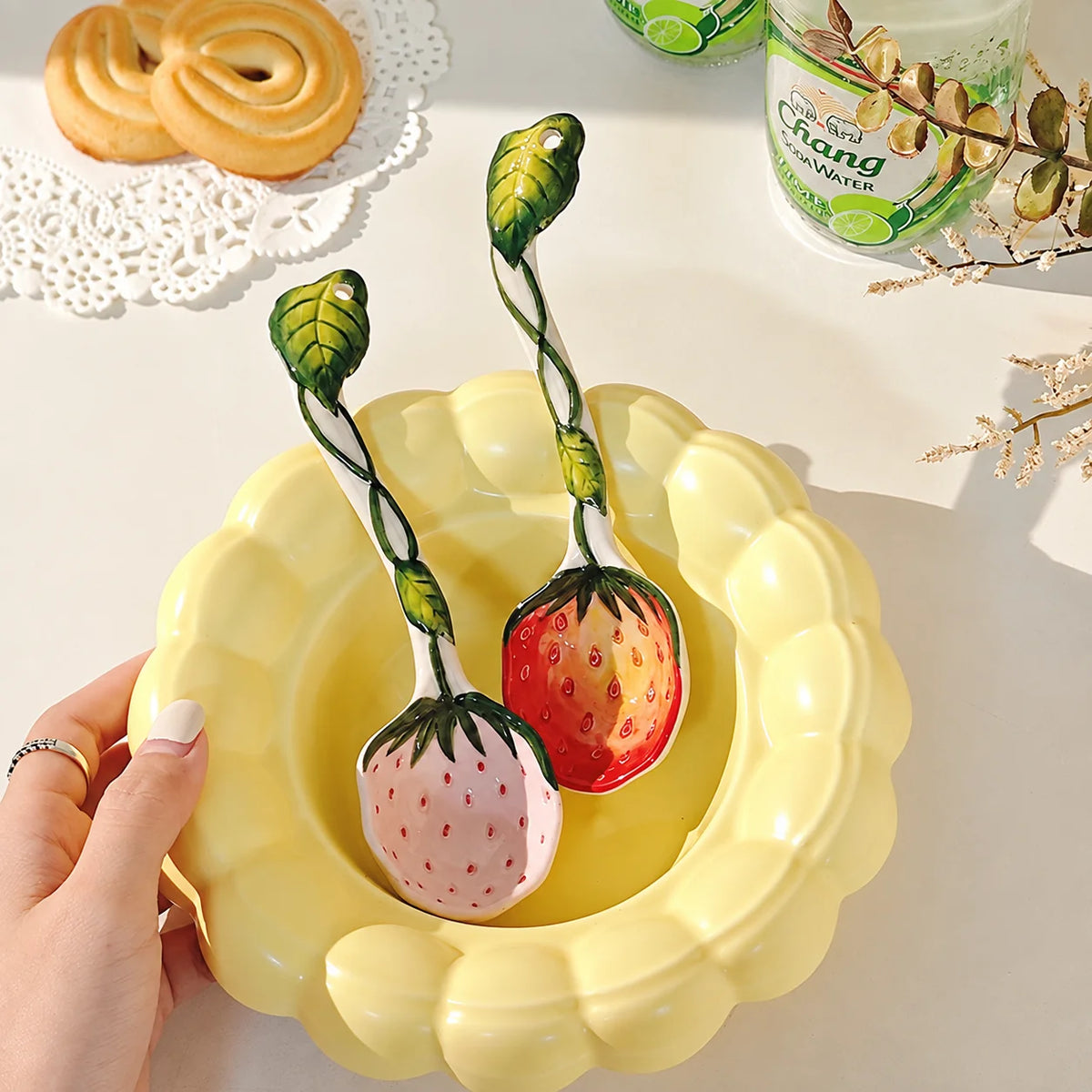 Hand-Painted Ceramic Strawberry Spoon – Long Handle Kitchen