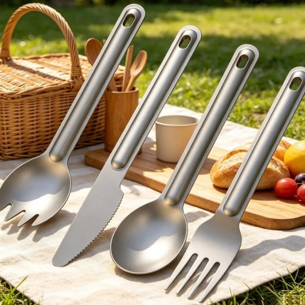 Portable Titanium Spoon & Fork – Long Handle Outdoor Cutlery