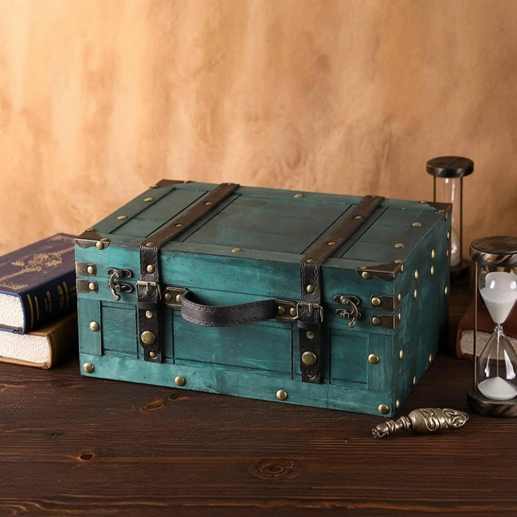 Vintage Ebony Wood Suitcase Box with Leather Handle