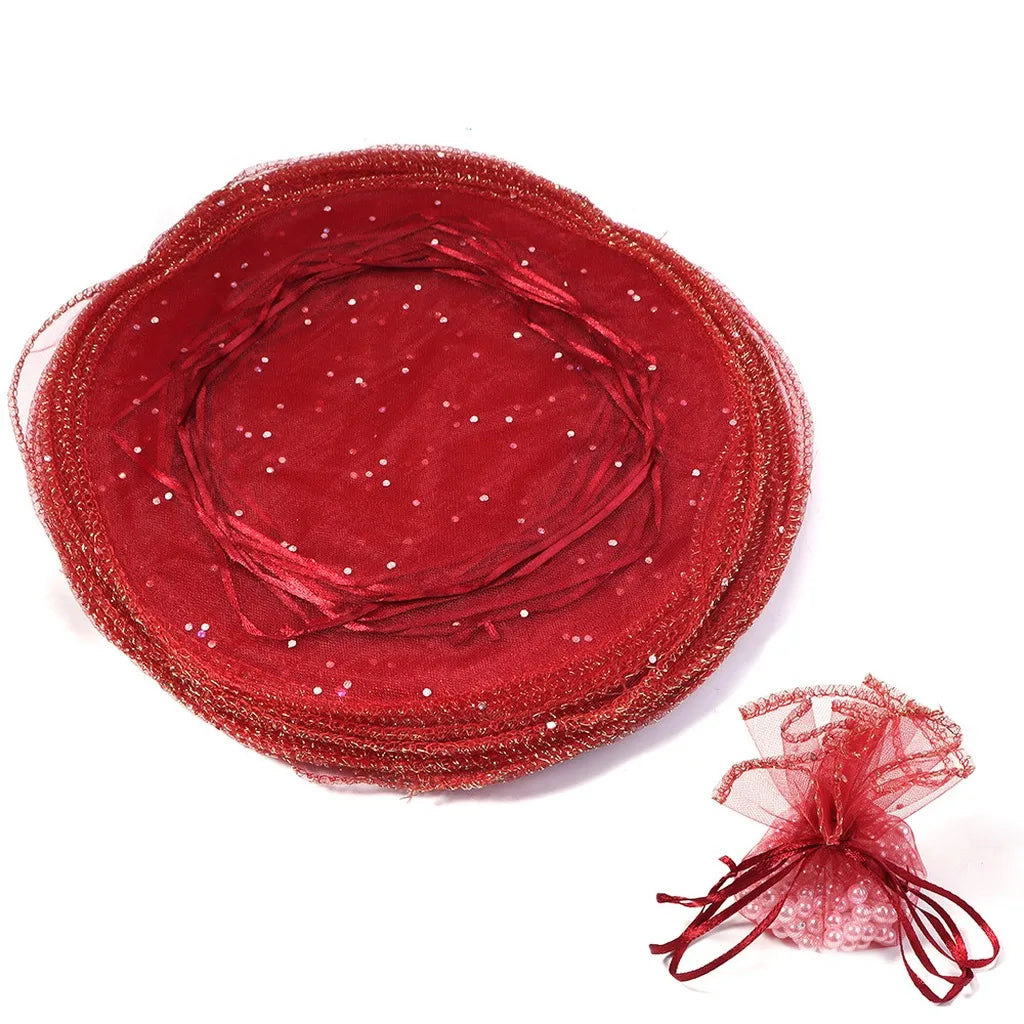Round Organza Drawstring Gift Pouches – 10pc Sequin Tulle