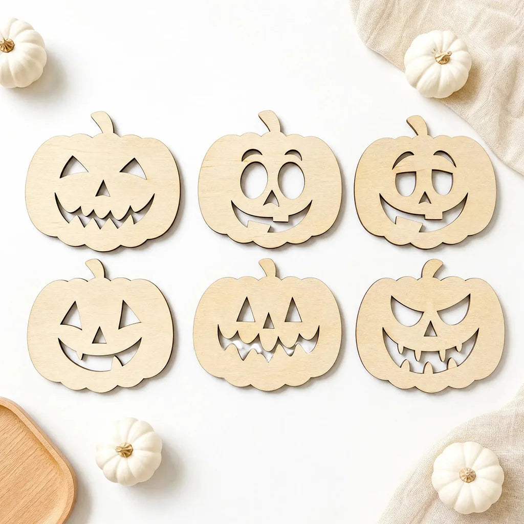 Halloween Wooden Pumpkin Hollow Pendants – 6-Piece Set