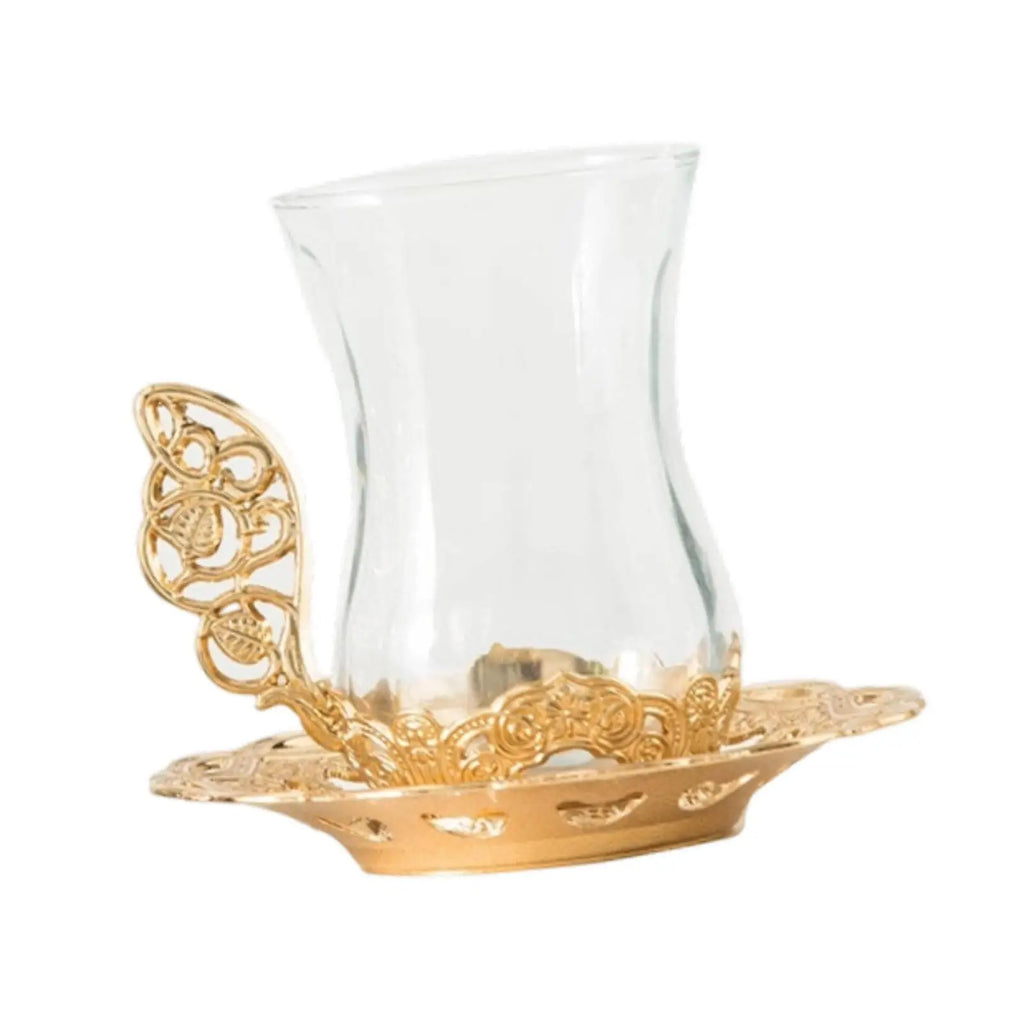 Flower Glass Tea Cup Set with Golden Saucer & Spoon