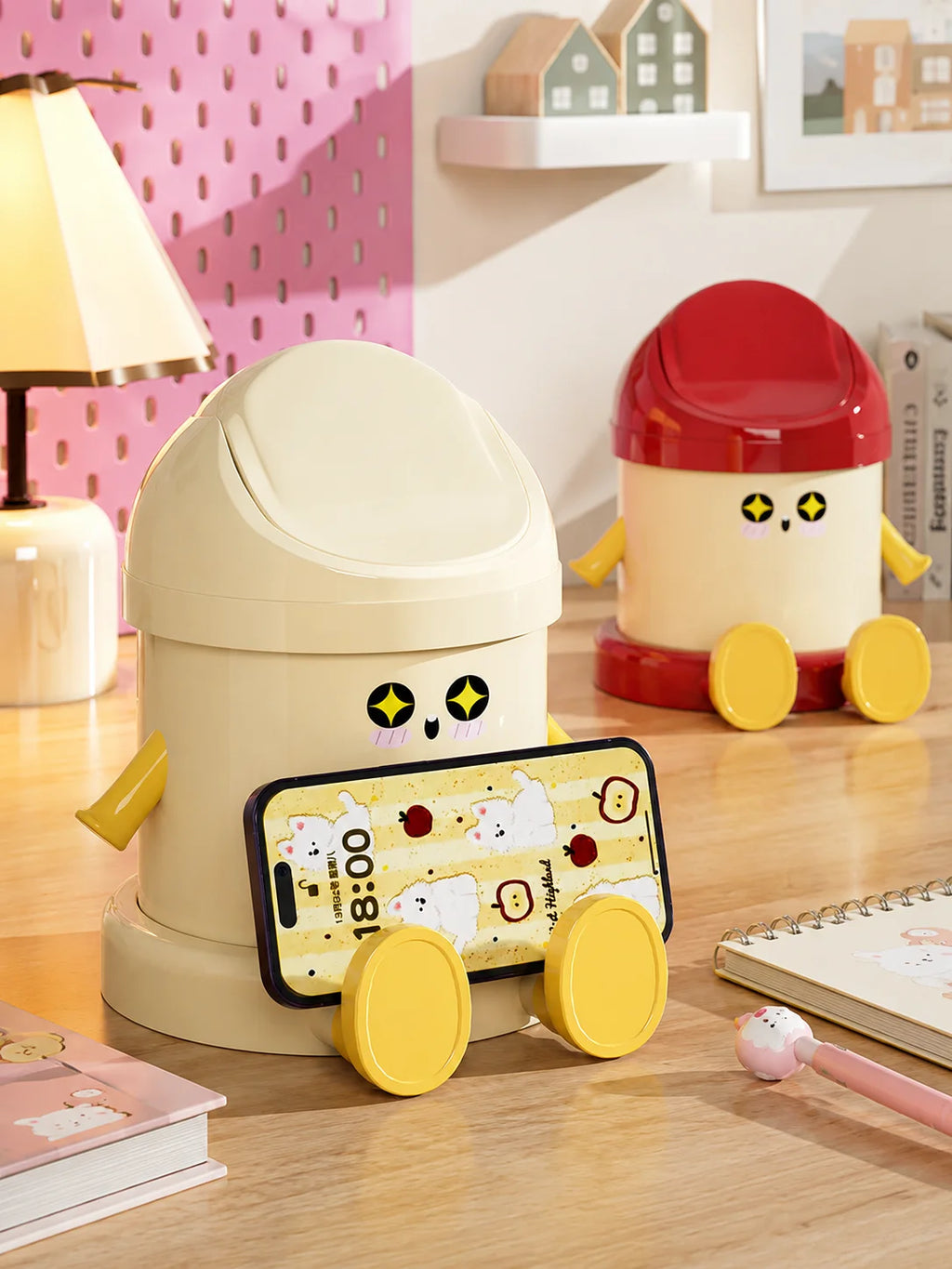Cartoon Desktop Trash Can with Phone Stand & Flip Lid