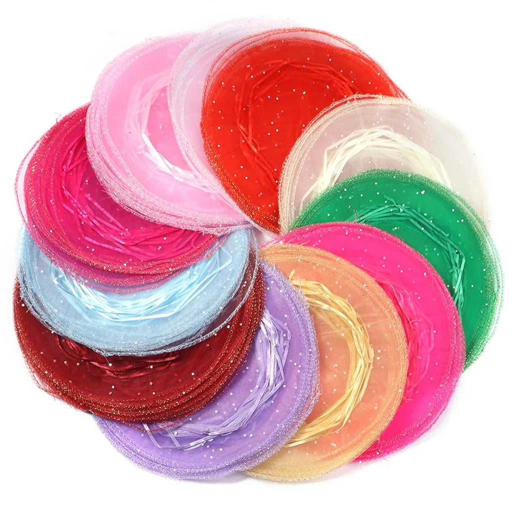 Round Organza Drawstring Gift Pouches – 10pc Sequin Tulle