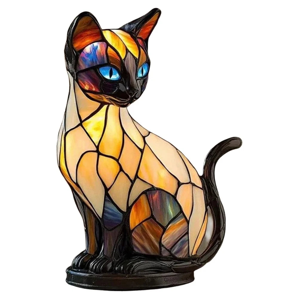 Stained Glass Cat LED Night Light | Resin Tabletop Lamp