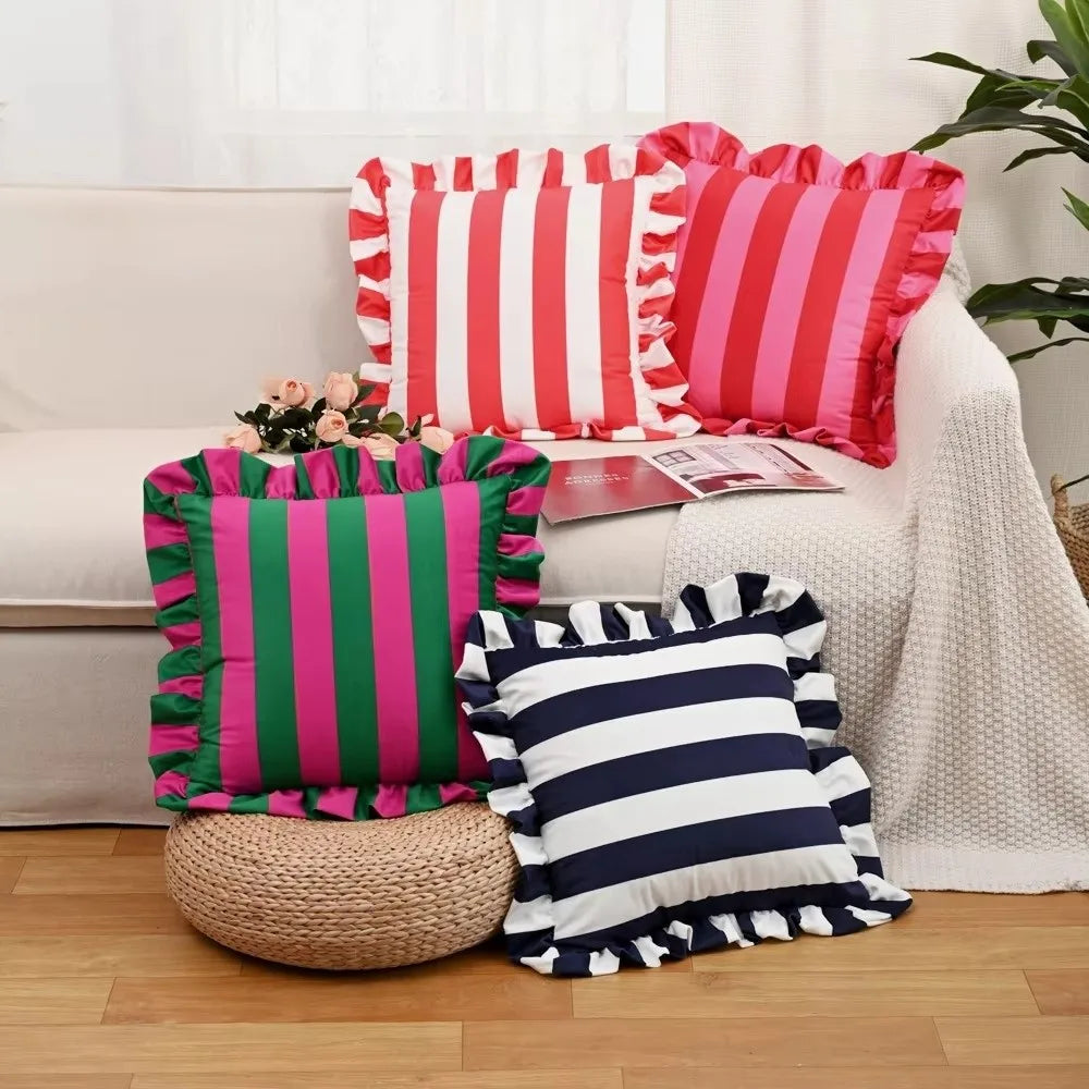Striped Velvet Pillowcase Lotus Leaf Edge Soft Cushion Cover