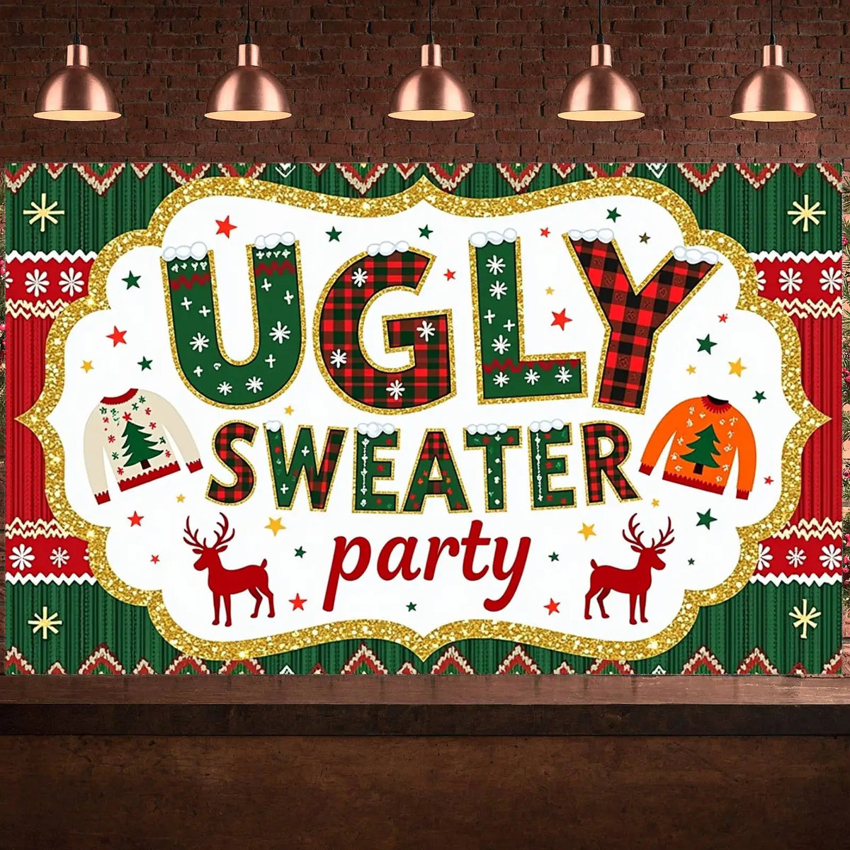 Ugly Sweater Reindeer Holiday Banner – Festive Party Decor