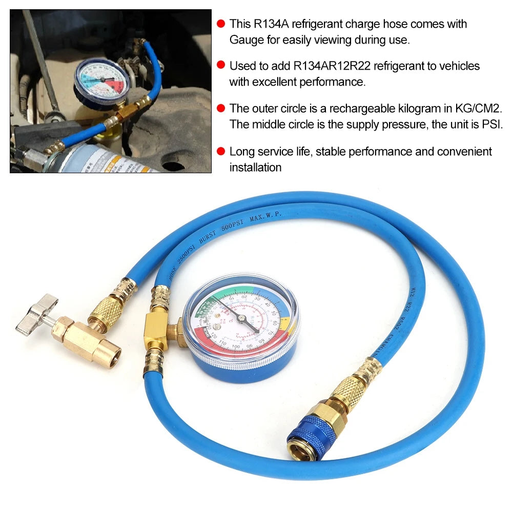 R134a Refrigerant Charging Hose with Pressure Gauge & Fittings
