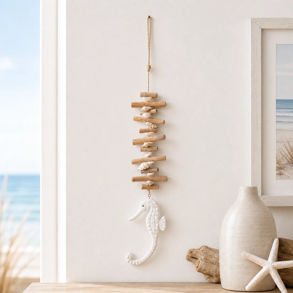 Coastal Seahorse Wall Hanging – Driftwood & Shell Nautical Decor