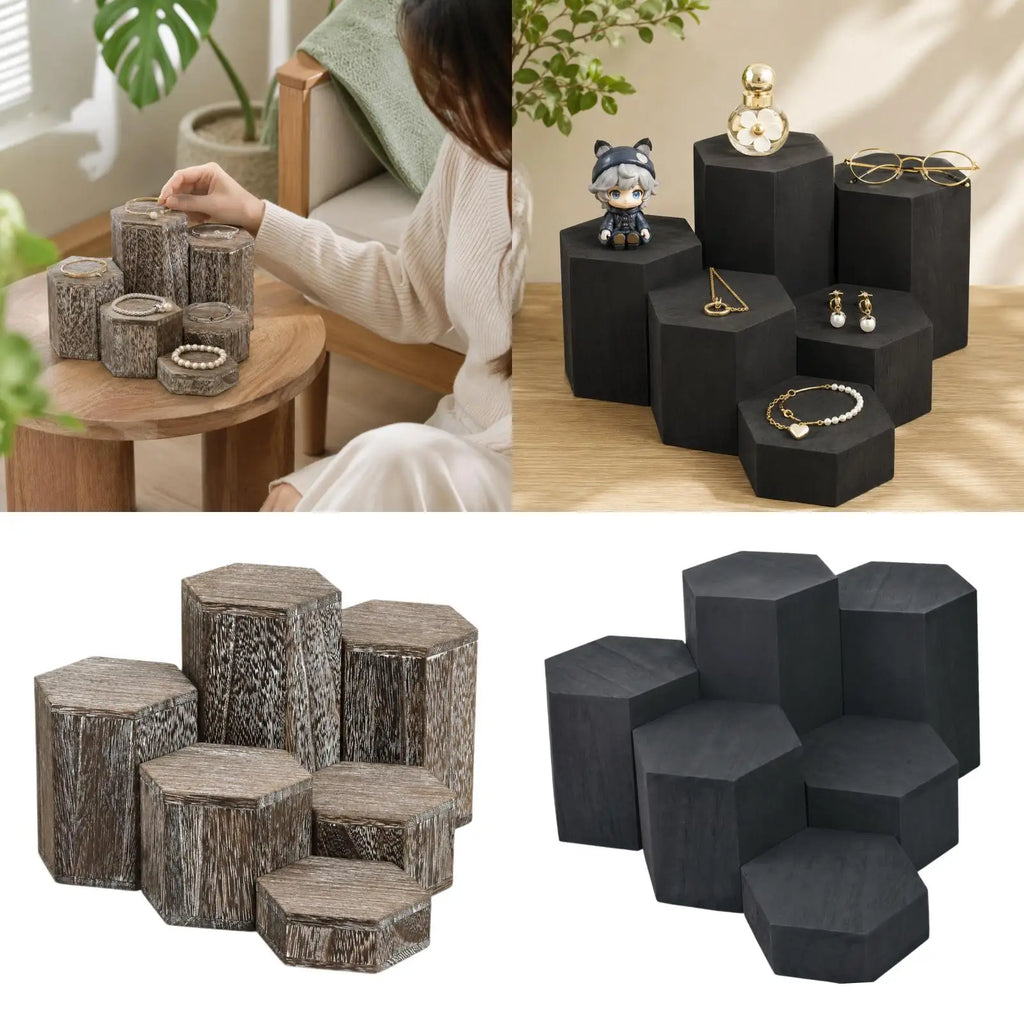 6-Piece Wooden Hexagon Display Risers – Jewelry & Buffet Stand