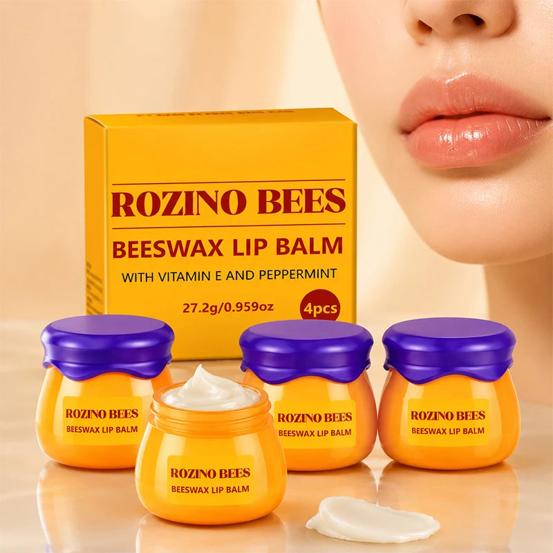 ROZINO 4-Piece Honey Pot Lip Balm Set – Beeswax & Vitamin E