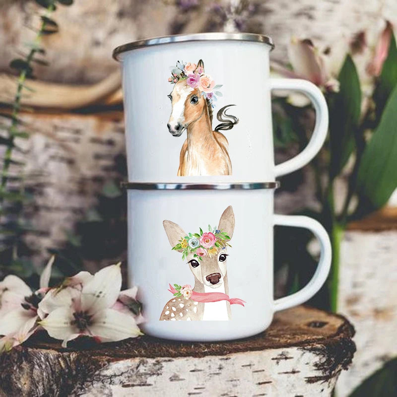 Kawaii Animal Enamel Mug – Kids Horse & Deer Print Cup