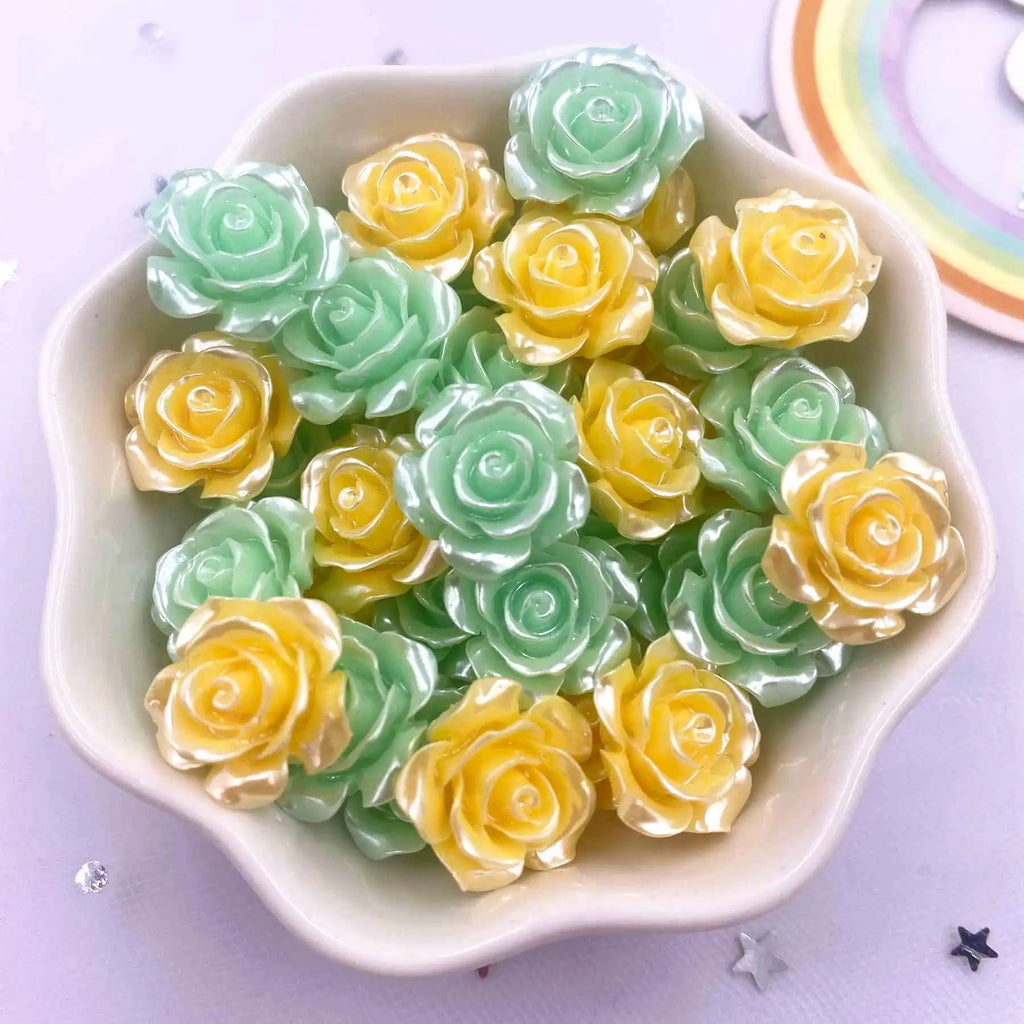 40Pcs 15mm Resin Glitter Pearl Rose Flatback Flower Embellishments