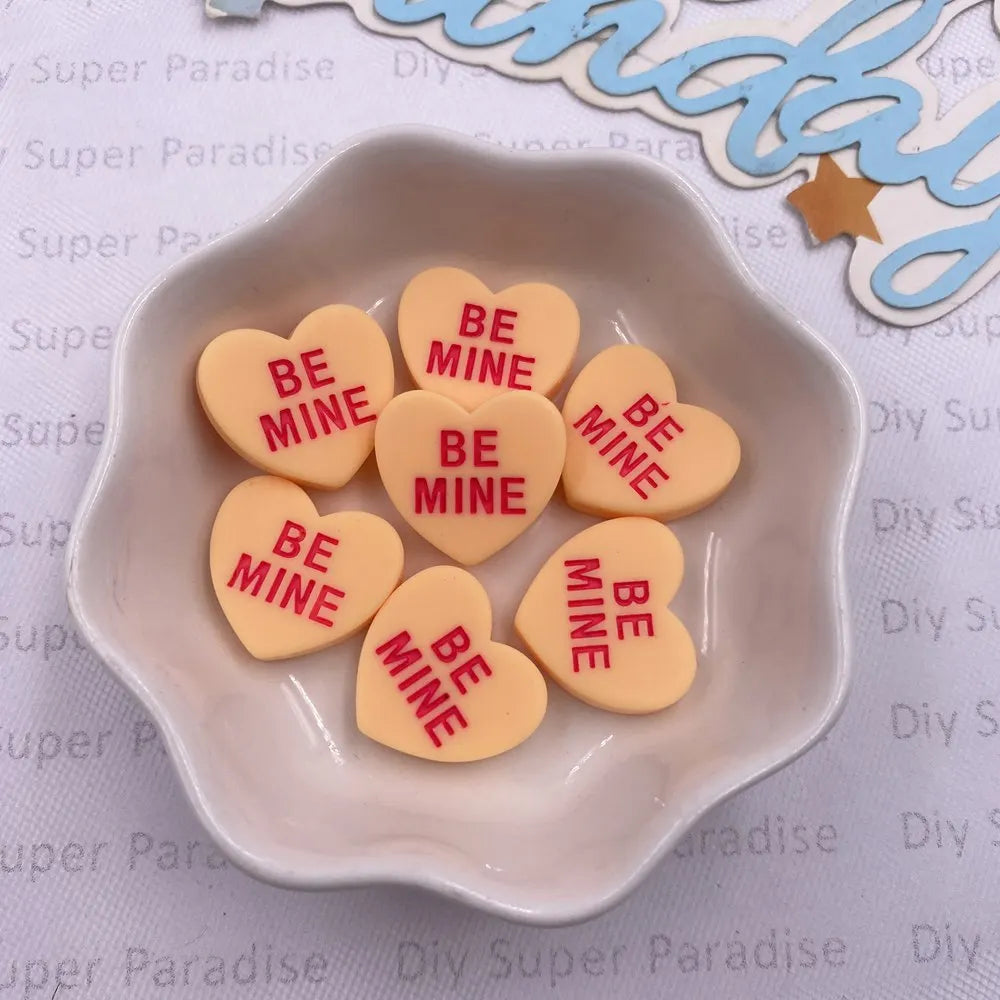 Resin Heart "BE MINE" Flat Back Cabochons – 10pcs DIY Crafts