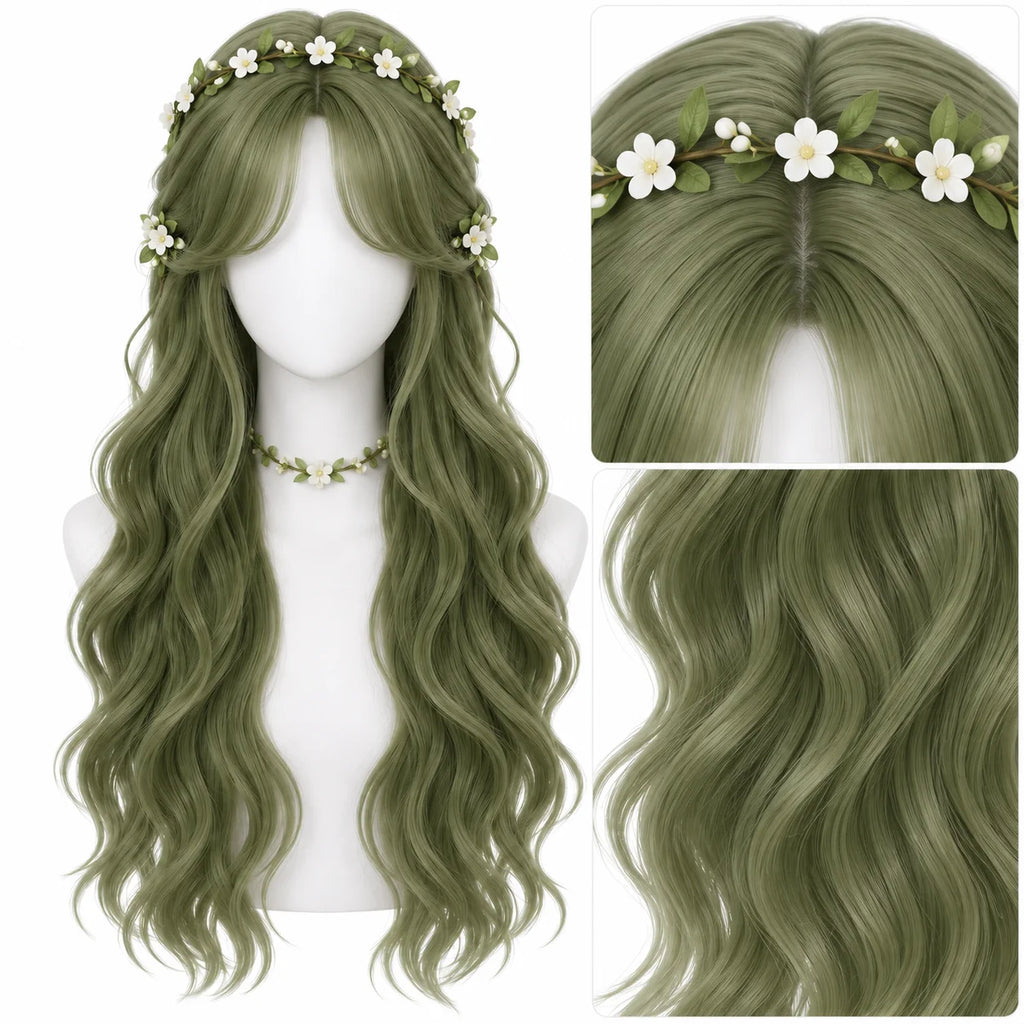 Dark Green Long Curly Wig – Wavy Middle Part Cosplay Hairpiece