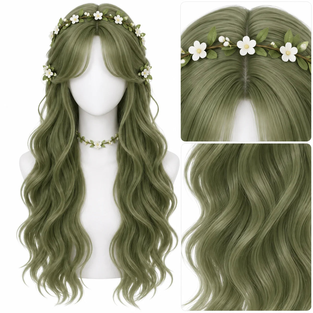 Dark Green Long Curly Wig – Wavy Middle Part Cosplay Hairpiece