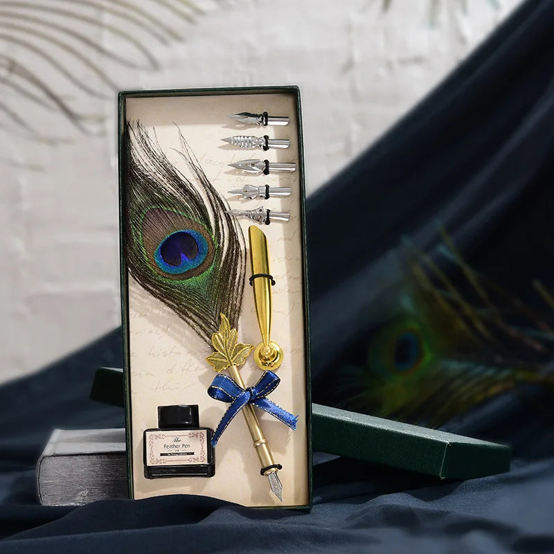 Peacock Feather Quill Dip Pen Set – Vintage Calligraphy Gift