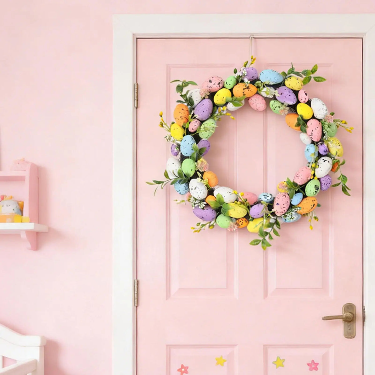 Spring Easter Door Wreath – Artificial Flower Garland with Eggs