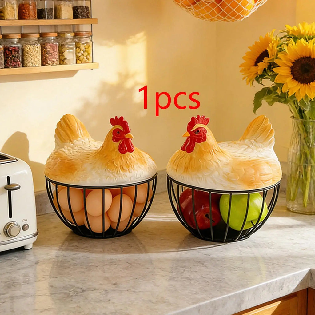 Yellow Chicken Egg Basket with Lid | Iron Resin Storage