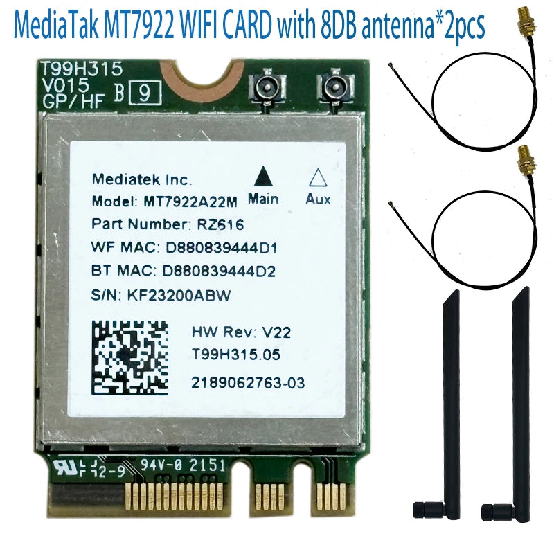 WiFi 6E MT7922 Tri-Band 2400Mbps M.2 NGFF Card + Bluetooth 5.2