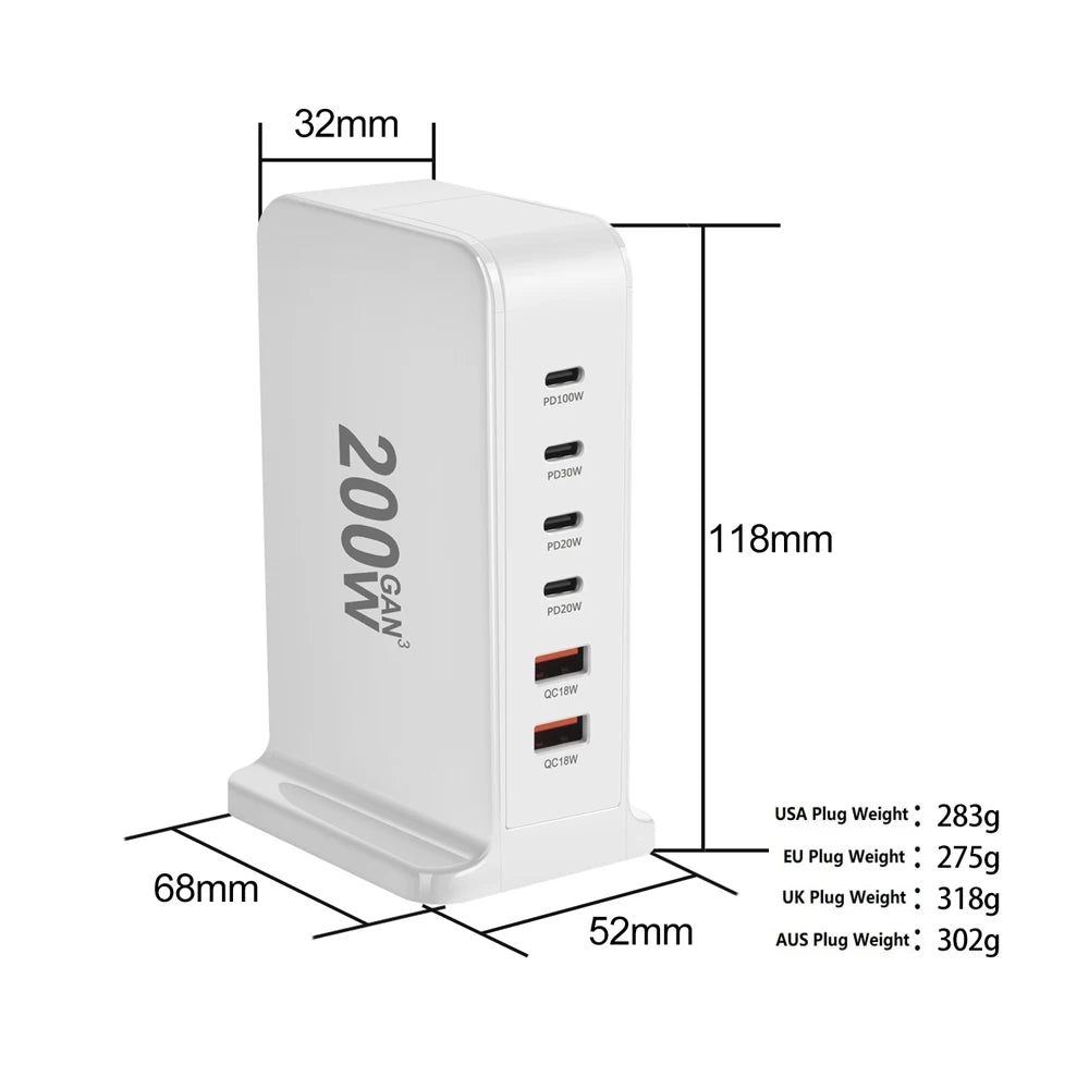 OULLX 200W GaN 6-Port USB-C PD Desktop Fast Charger