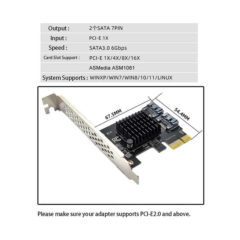 PCIe to SATA 3.0 Adapter 2-Port 6Gbps ASM1061 Controller