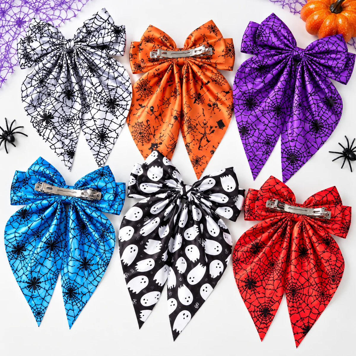Halloween Satin Bow Hair Clip – Spider Web Pumpkin Barrette