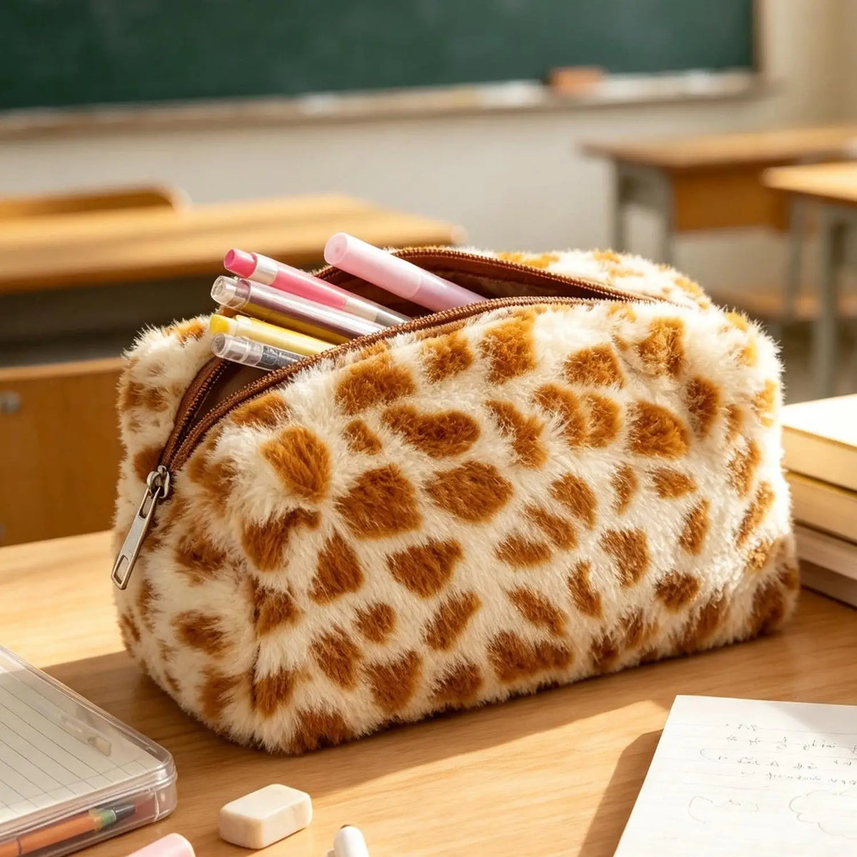 Large Capacity Plush Leopard Pencil Case & Cosmetic Pouch