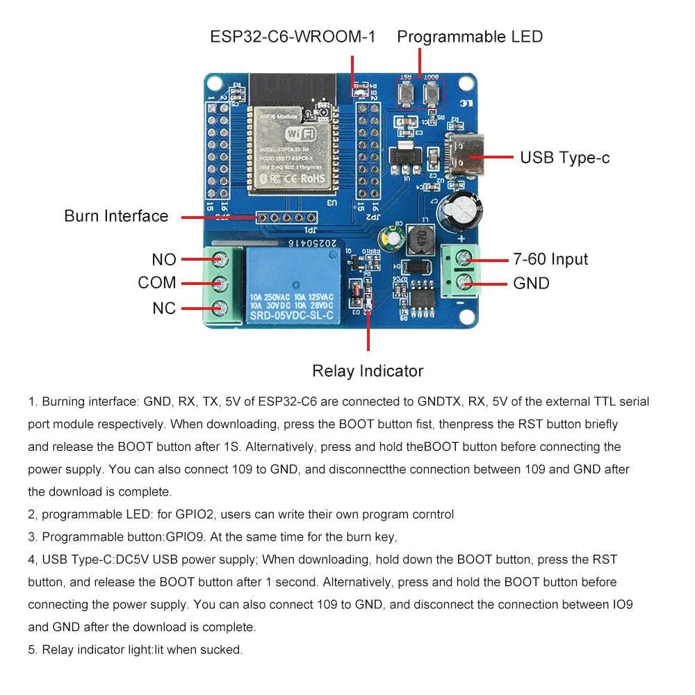 ESP32-C6 Wi-Fi 6 Bluetooth Relay Dev Board | Type-C DC 7-60V