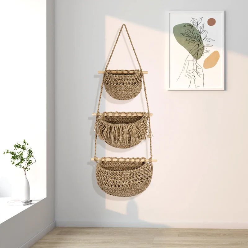 3-Tier Bohemian Hemp Rope Wall Hanging Fruit Mesh Basket