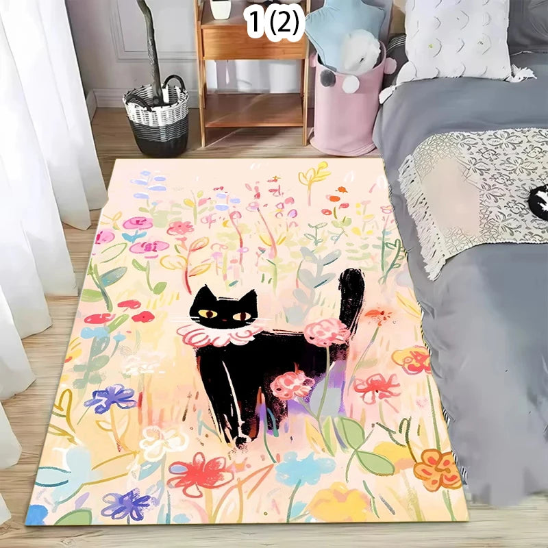 Non-Slip Kawaii Black Cat Area Rug – Washable Kids Room Mat
