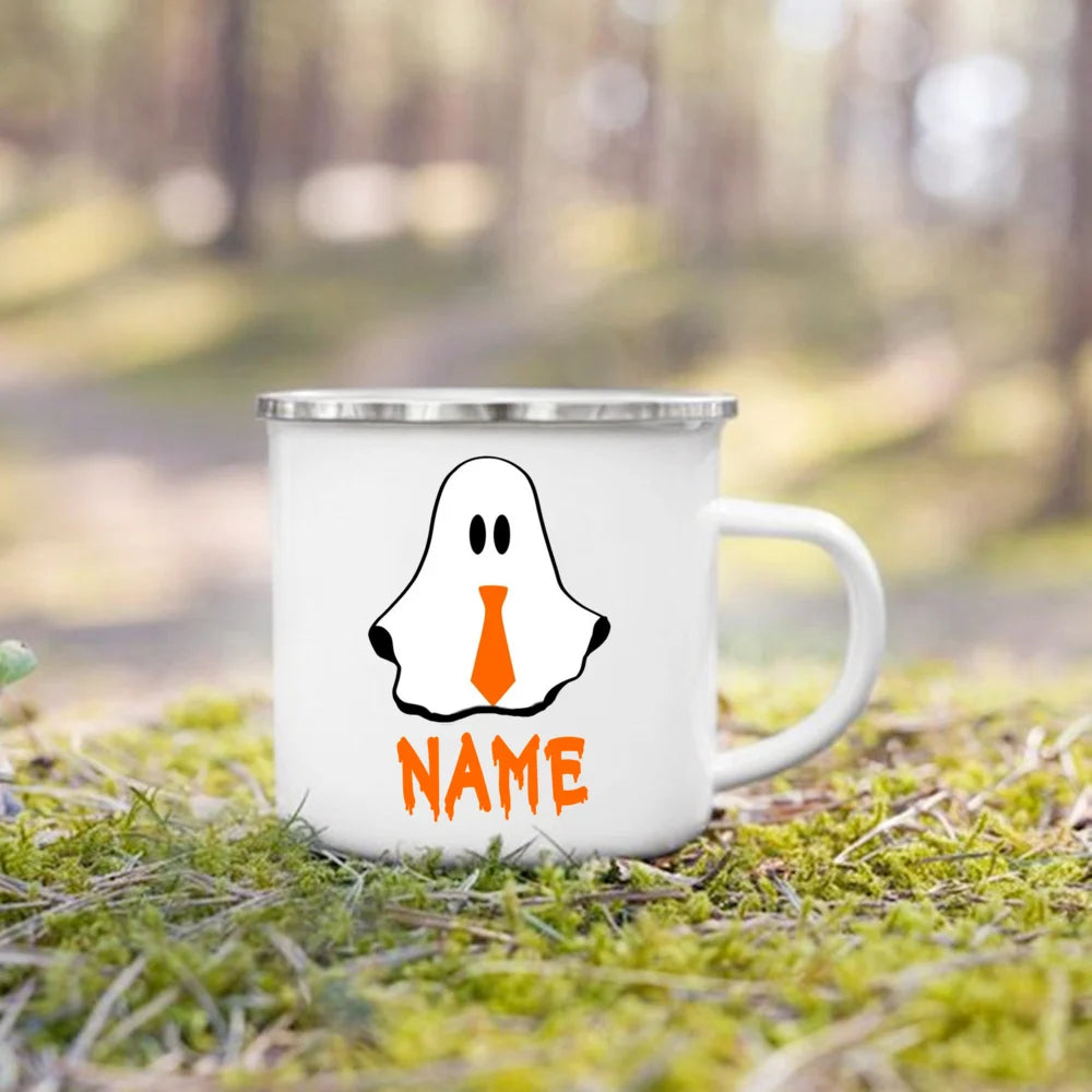 Personalised Ghost Enamel Mug – Kids Halloween Name Cup