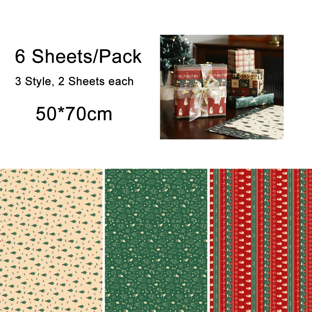 6-Sheet Christmas Kraft Wrapping Paper – Elk, Santa & Snowman