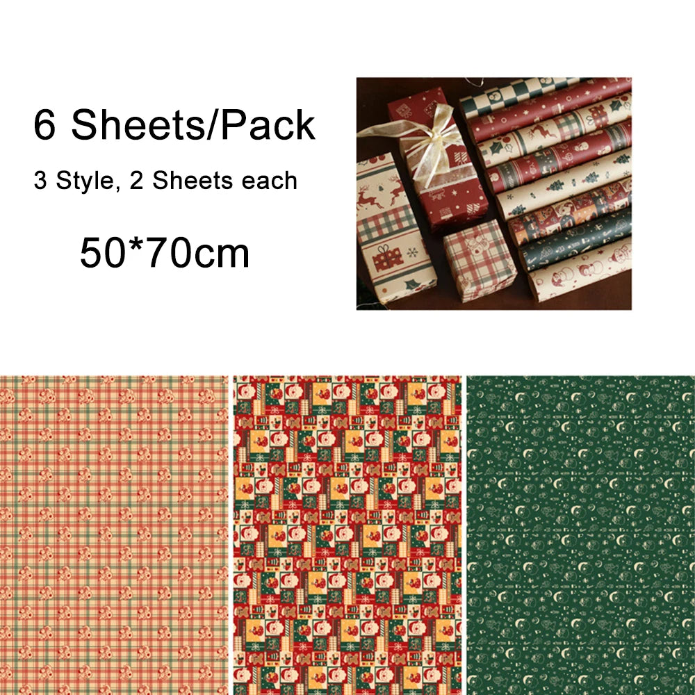 6-Sheet Christmas Kraft Wrapping Paper – Elk, Santa & Snowman