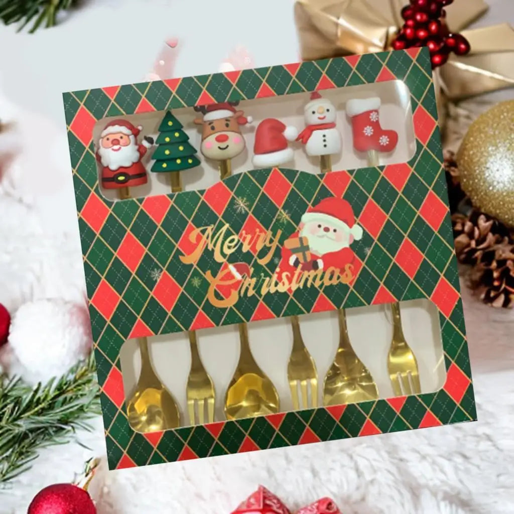 Christmas Stainless Steel Dessert Spoons & Forks Set – 6 Pc